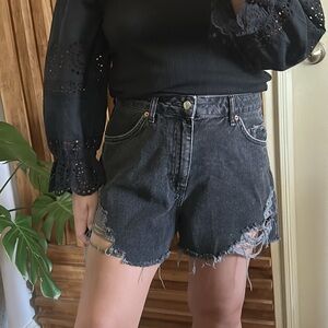 TOPSHOP High Waisted Denim Distressed Short. Size 8
